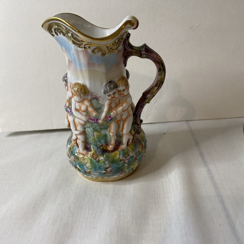 Antique Capodimonte Ornate Pitcher with High Relief EUC 5" tall x 3" diameter